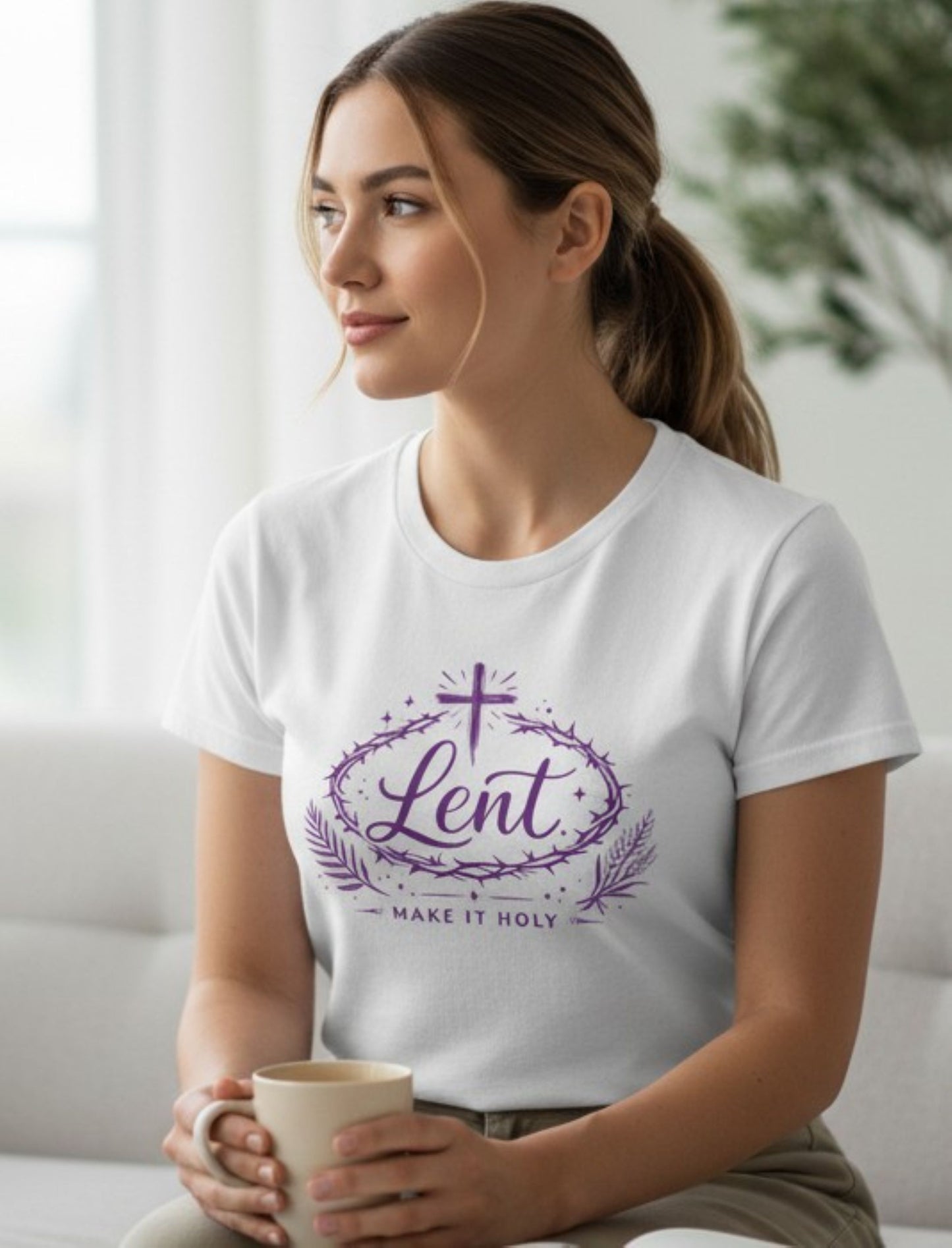 Lent Shirt “Make It Holy” Catholic Lenten Tee, Purple Cross & Crown of Thorns Graphic