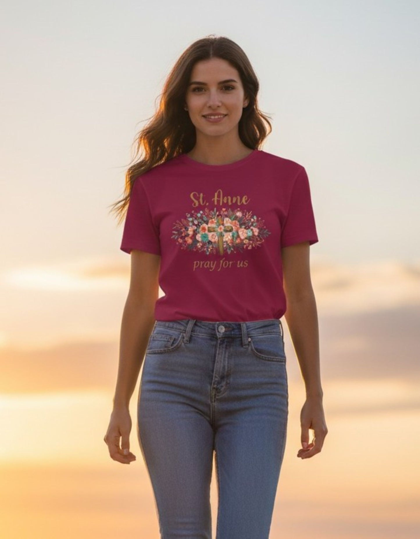 St. Anne Floral Cross Tee, Catholic Mom Faith Apparel, Unisex Cotton Blend Shirt