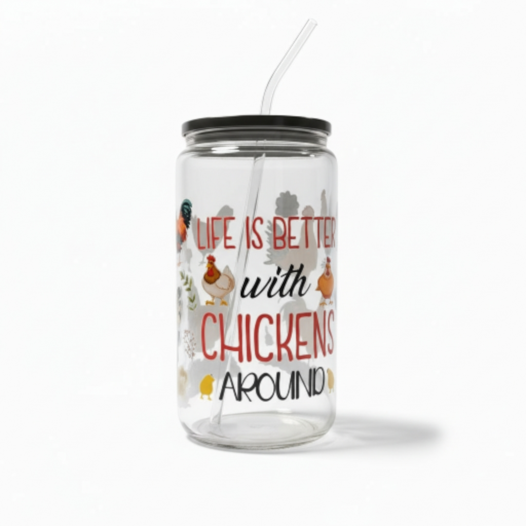 Chicken Glass Tumbler with Lid & Reusable Straw
