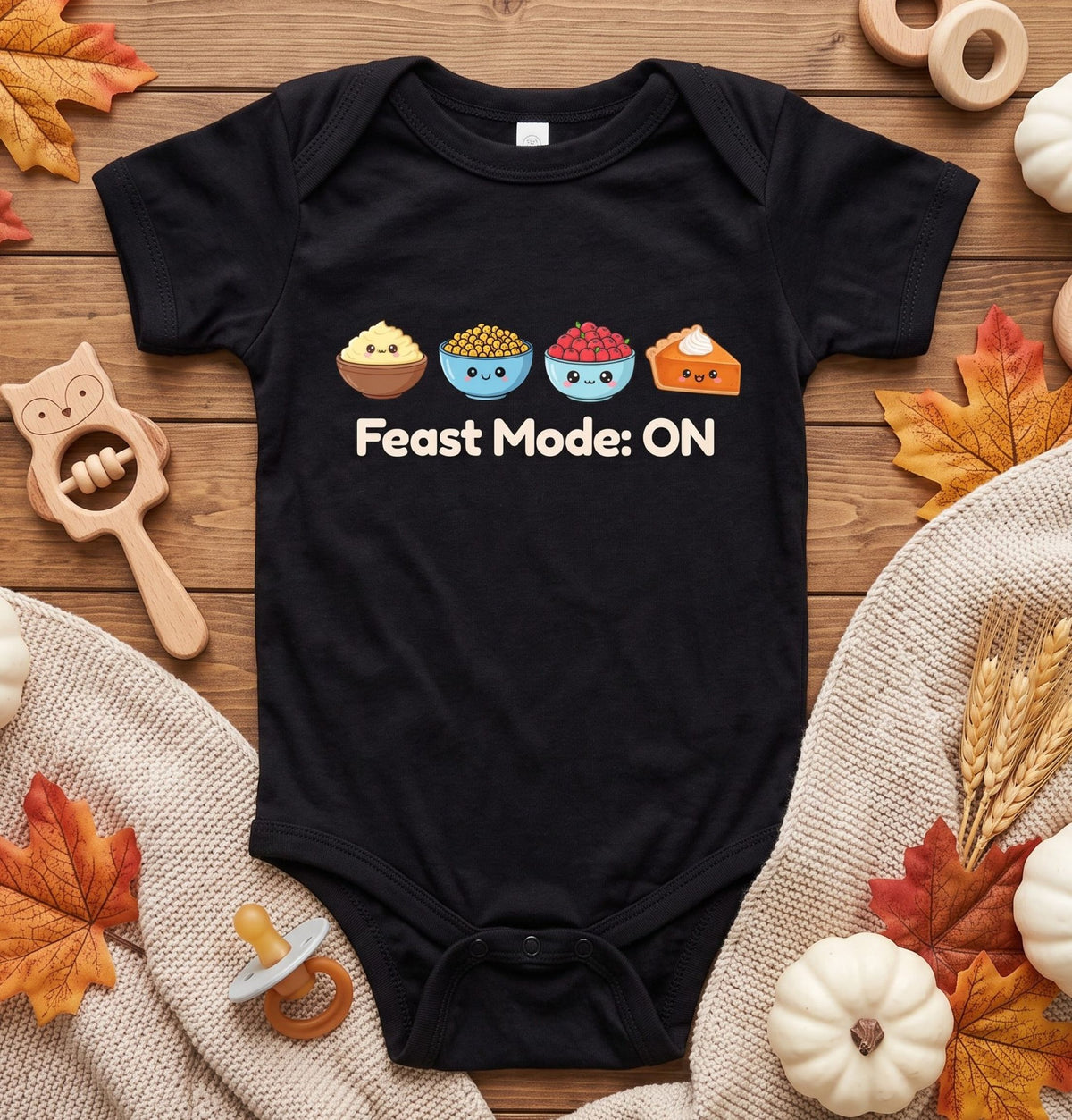 First Thanksgiving Baby Feast Mode Outfit, Food Print Bodysuit, Long Sleeve Option