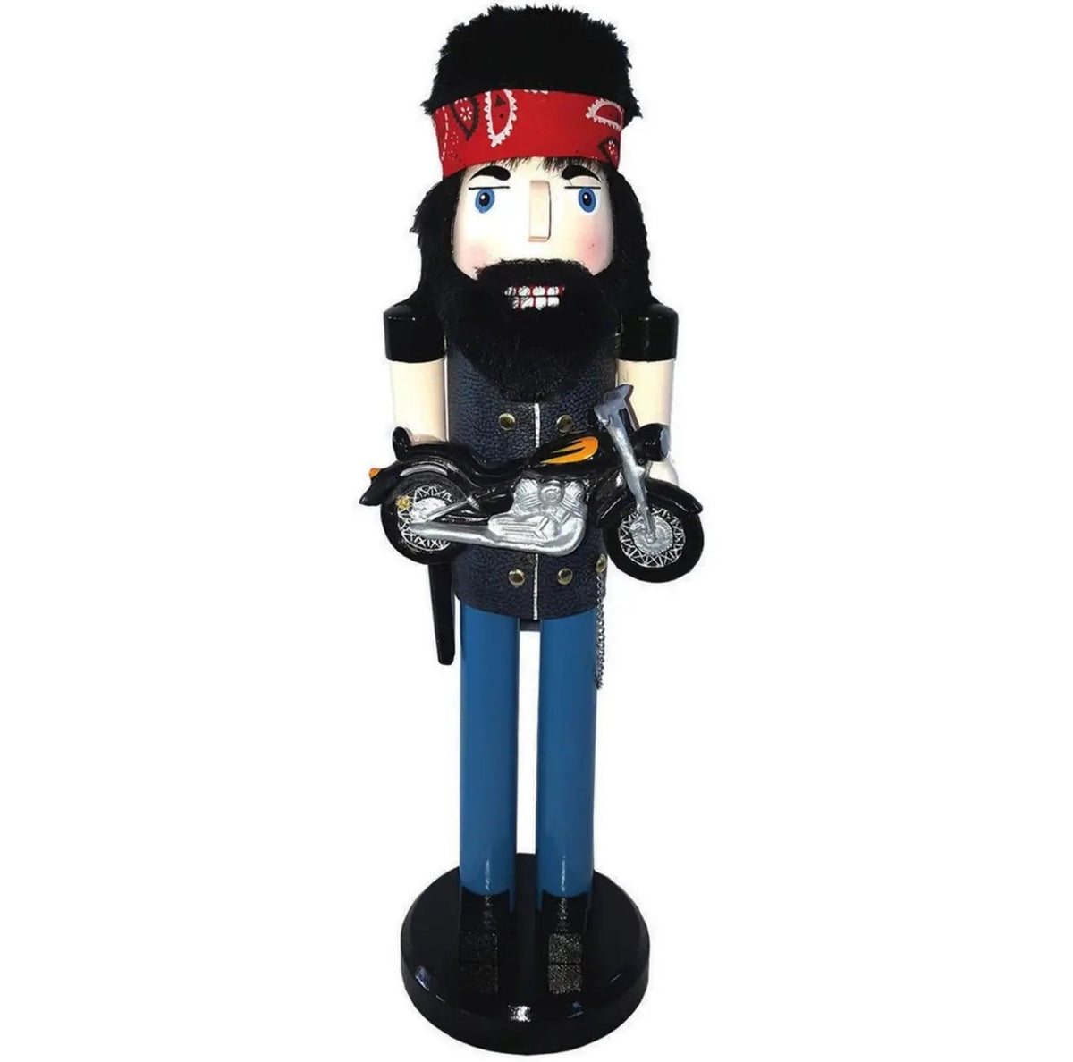 A biker nutcracker figurine with a black beard, red bandana, blue pants, and a motorcycle, standing on a black base against a white background.