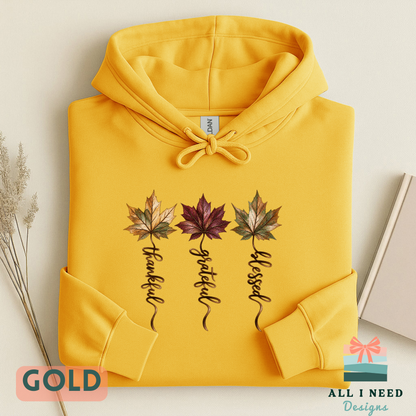 Autumn Gratitude Hoodie with Leaf Artwork, cozy seasonal layer, Thanksgiving outfit