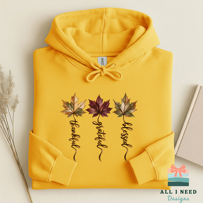 Autumn Gratitude Hoodie with Leaf Artwork, cozy seasonal layer, Thanksgiving outfit