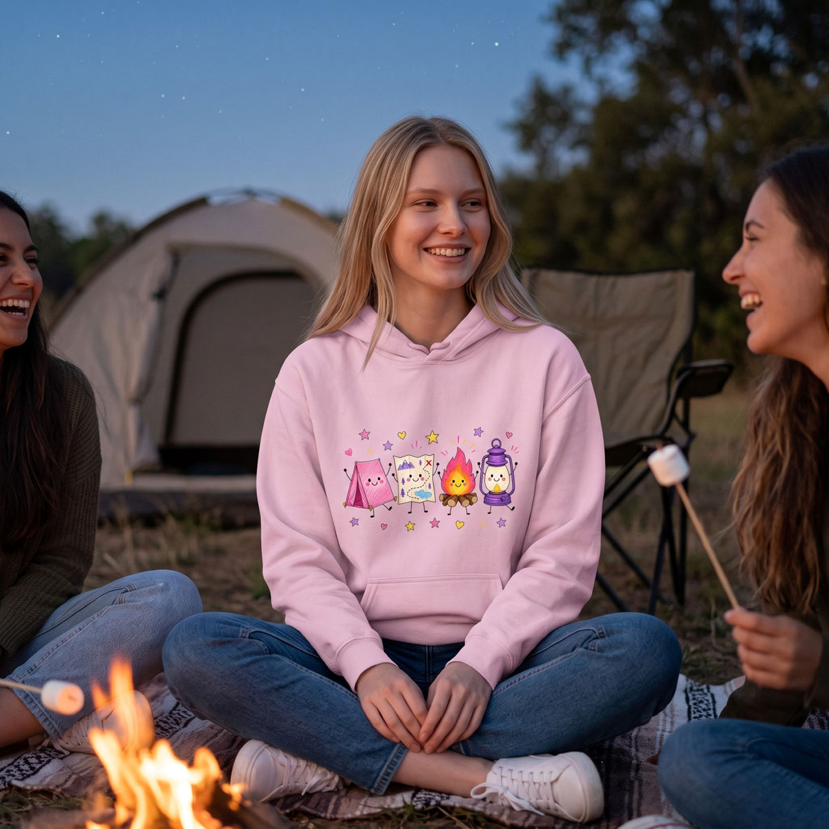 Whimsical Camping Crewneck, Tent, Map, Campfire, Lantern Design (XS-3XL)