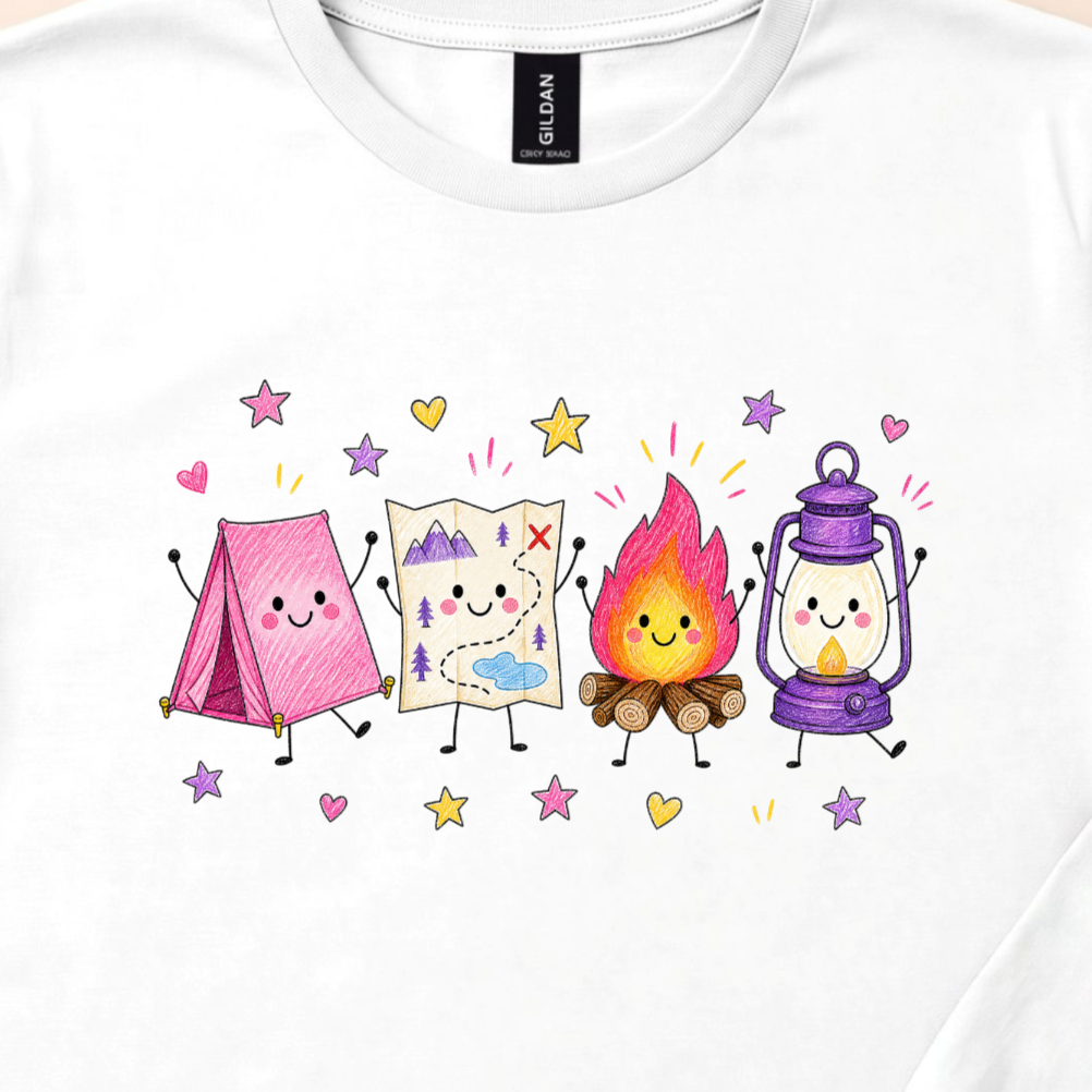 Whimsical Camping Crewneck, Tent, Map, Campfire, Lantern Design (XS-3XL)