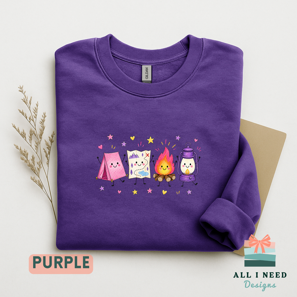 Whimsical Camping Crewneck, Tent, Map, Campfire, Lantern Design (XS-3XL)