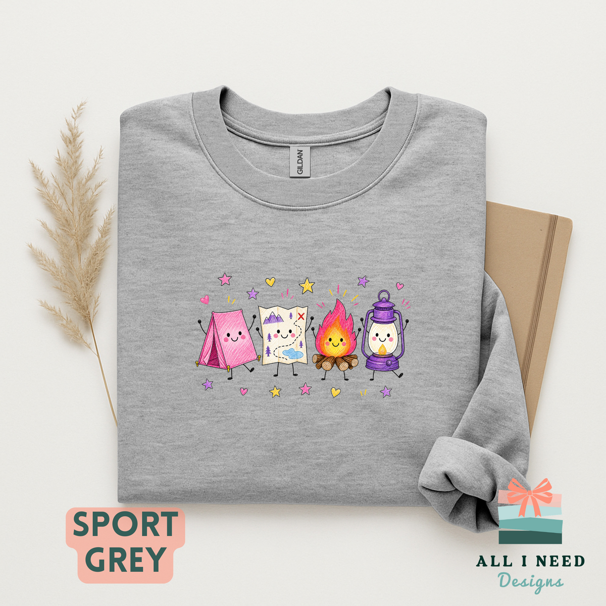 Whimsical Camping Crewneck, Tent, Map, Campfire, Lantern Design (XS-3XL)