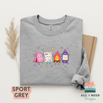 Whimsical Camping Crewneck, Tent, Map, Campfire, Lantern Design (XS-3XL)