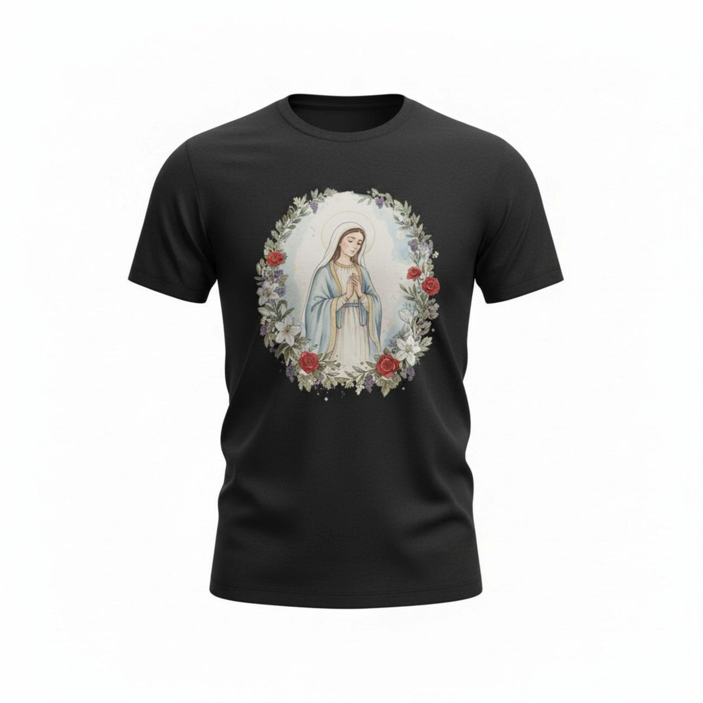 Catholic Blessed Mother Blue T-Shirt | Virgin Mary Floral Wreath Tee | Marian Prayer Shirt
