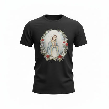 Catholic Blessed Mother Blue T-Shirt | Virgin Mary Floral Wreath Tee | Marian Prayer Shirt