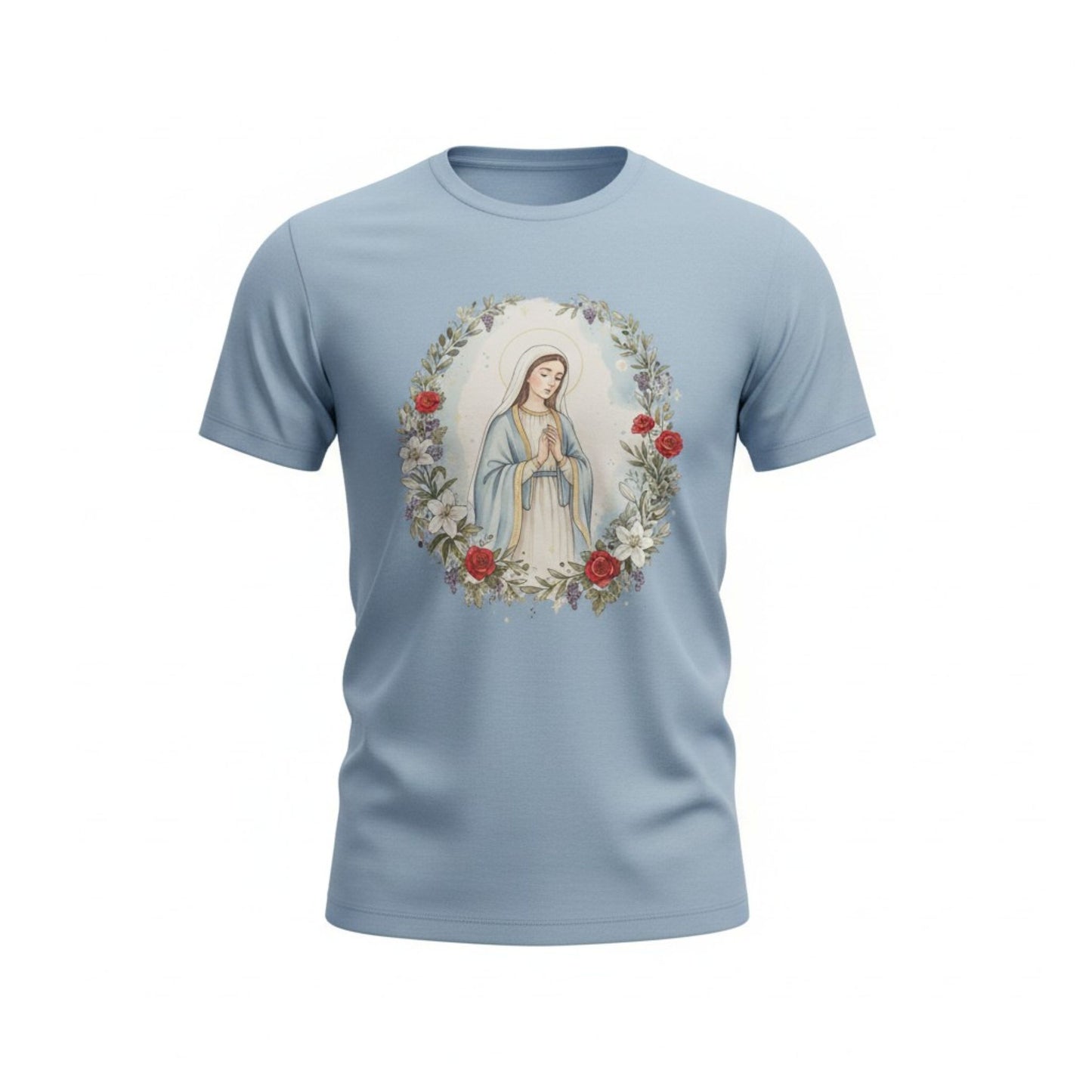 Catholic Blessed Mother Blue T-Shirt | Virgin Mary Floral Wreath Tee | Marian Prayer Shirt