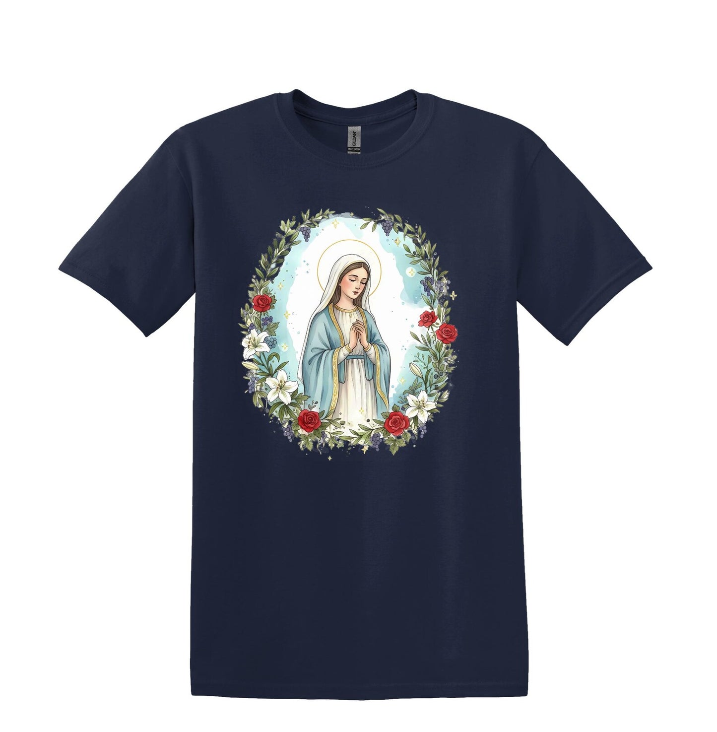 Catholic Blessed Mother Blue T-Shirt | Virgin Mary Floral Wreath Tee | Marian Prayer Shirt