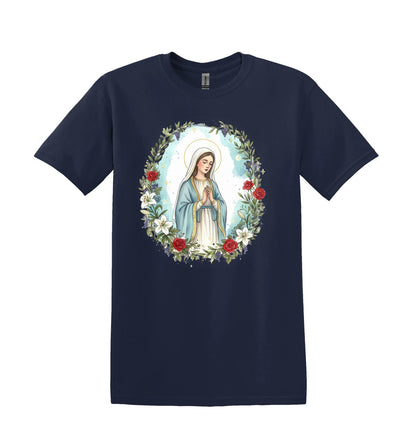 Catholic Blessed Mother Blue T-Shirt | Virgin Mary Floral Wreath Tee | Marian Prayer Shirt
