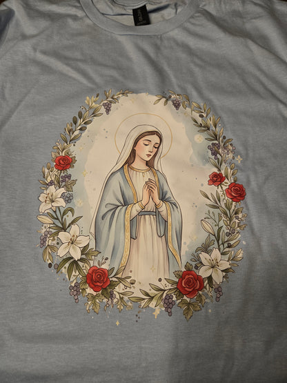 Catholic Blessed Mother Blue T-Shirt | Virgin Mary Floral Wreath Tee | Marian Prayer Shirt