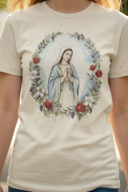 Catholic Blessed Mother Blue T-Shirt | Virgin Mary Floral Wreath Tee | Marian Prayer Shirt