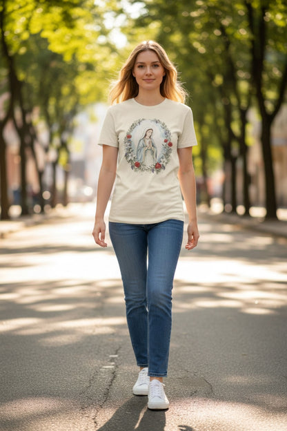 Catholic Blessed Mother Blue T-Shirt | Virgin Mary Floral Wreath Tee | Marian Prayer Shirt