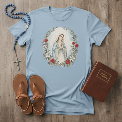 Catholic Blessed Mother Blue T-Shirt | Virgin Mary Floral Wreath Tee | Marian Prayer Shirt
