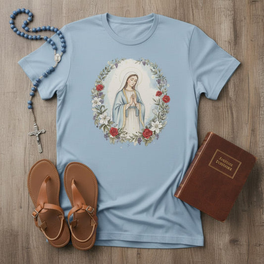 Catholic Blessed Mother Blue T-Shirt | Virgin Mary Floral Wreath Tee | Marian Prayer Shirt