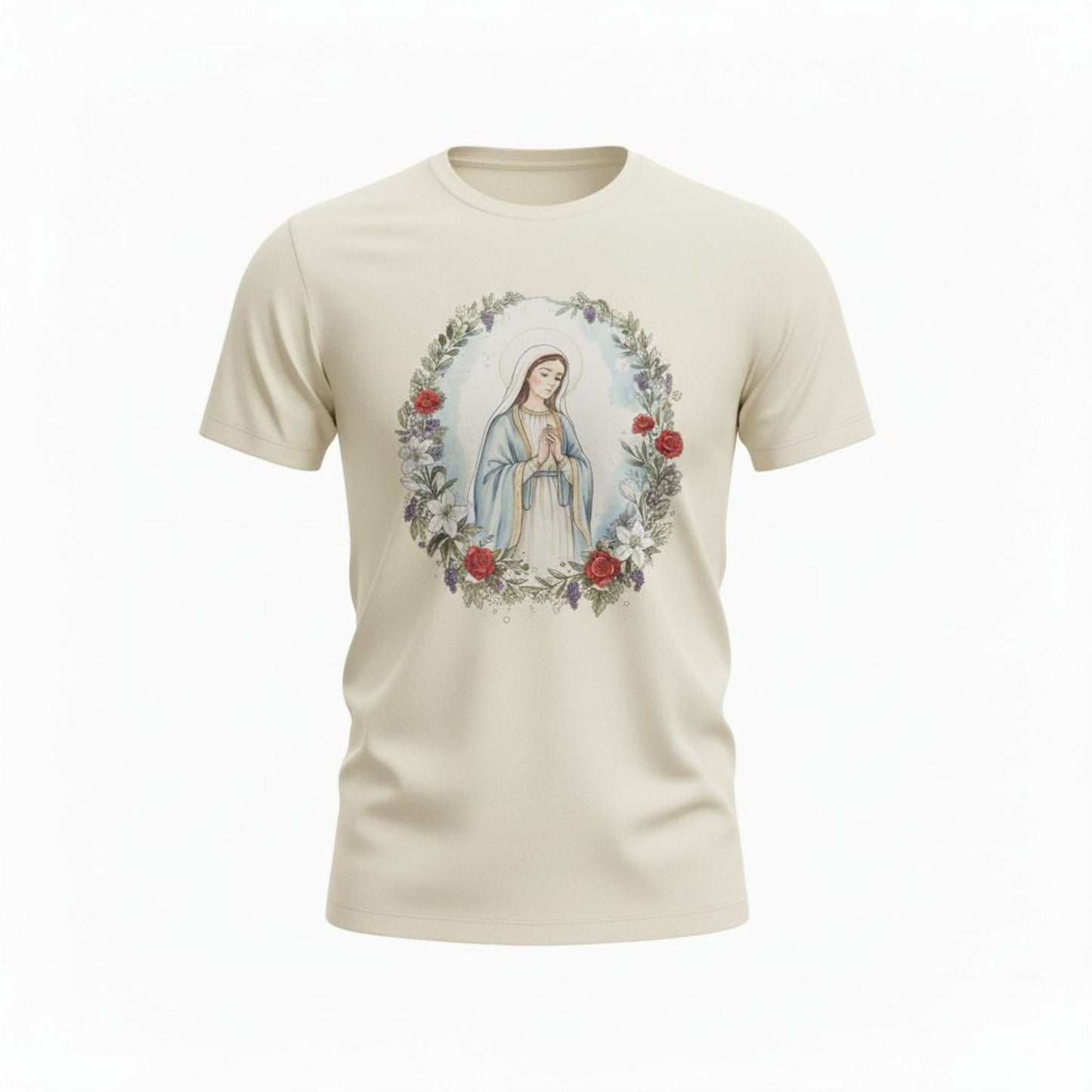 Catholic Blessed Mother Blue T-Shirt | Virgin Mary Floral Wreath Tee | Marian Prayer Shirt