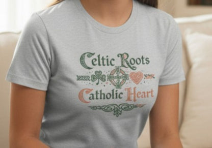 Celtic Roots Catholic Heart T-Shirt, Irish Shamrock Tee