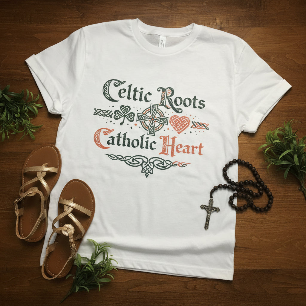 Celtic Roots Catholic Heart T-Shirt, Irish Shamrock Tee