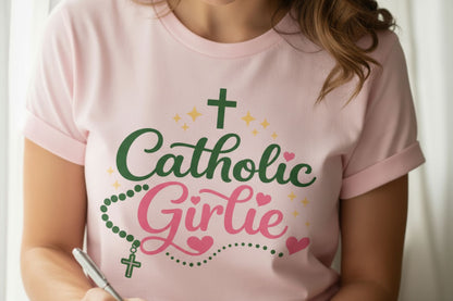 Catholic Girlie Shirt, Rosary & Cross Graphic T-Shirt, Faith Based Christian Gift for Her