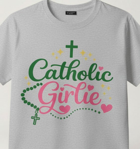 Catholic Girlie Shirt, Rosary & Cross Graphic T-Shirt, Faith Based Christian Gift for Her