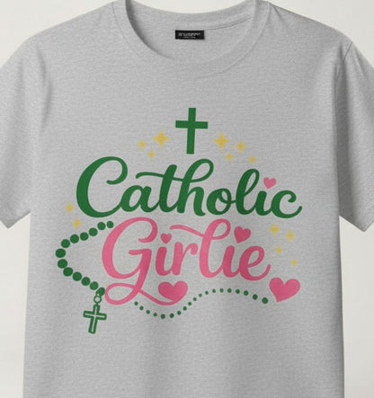 Catholic Girlie Shirt, Rosary & Cross Graphic T-Shirt, Faith Based Christian Gift for Her