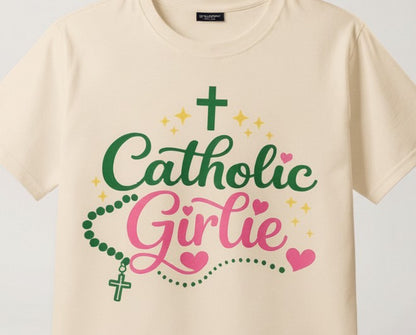 Catholic Girlie Shirt, Rosary & Cross Graphic T-Shirt, Faith Based Christian Gift for Her