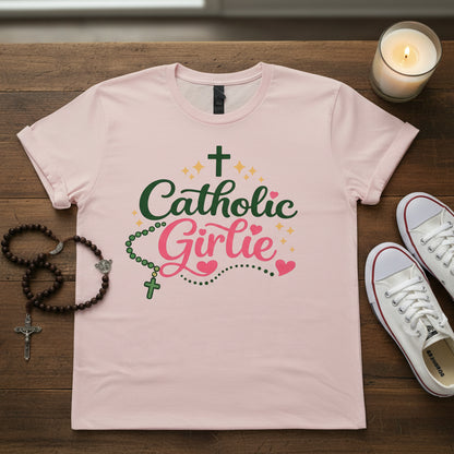 Catholic Girlie Shirt, Rosary & Cross Graphic T-Shirt, Faith Based Christian Gift for Her