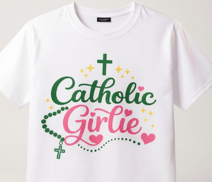 Catholic Girlie Shirt, Rosary & Cross Graphic T-Shirt, Faith Based Christian Gift for Her