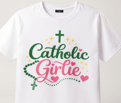 Catholic Girlie Shirt, Rosary & Cross Graphic T-Shirt, Faith Based Christian Gift for Her