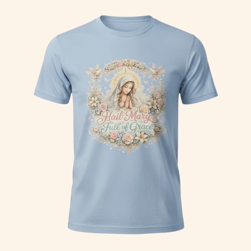 Floral Hail Mary Full of Grace Catholic T-Shirt, Blessed Virgin Mary Devotional Tee