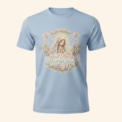 Floral Hail Mary Full of Grace Catholic T-Shirt, Blessed Virgin Mary Devotional Tee