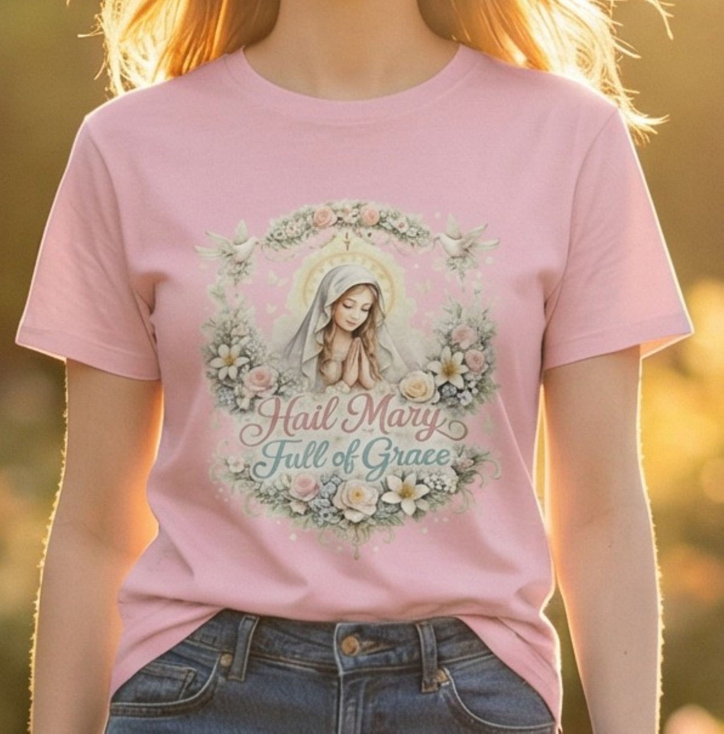 Floral Hail Mary Full of Grace Catholic T-Shirt, Blessed Virgin Mary Devotional Tee