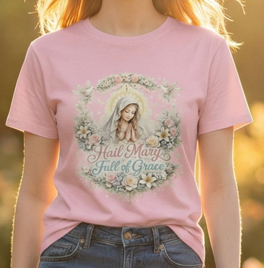 Floral Hail Mary Full of Grace Catholic T-Shirt, Blessed Virgin Mary Devotional Tee