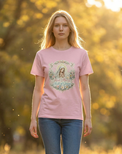 Floral Hail Mary Full of Grace Catholic T-Shirt, Blessed Virgin Mary Devotional Tee