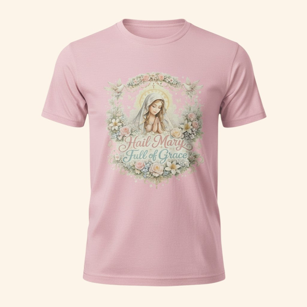 Floral Hail Mary Full of Grace Catholic T-Shirt, Blessed Virgin Mary Devotional Tee