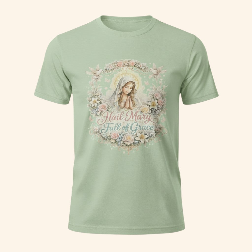 Floral Hail Mary Full of Grace Catholic T-Shirt, Blessed Virgin Mary Devotional Tee