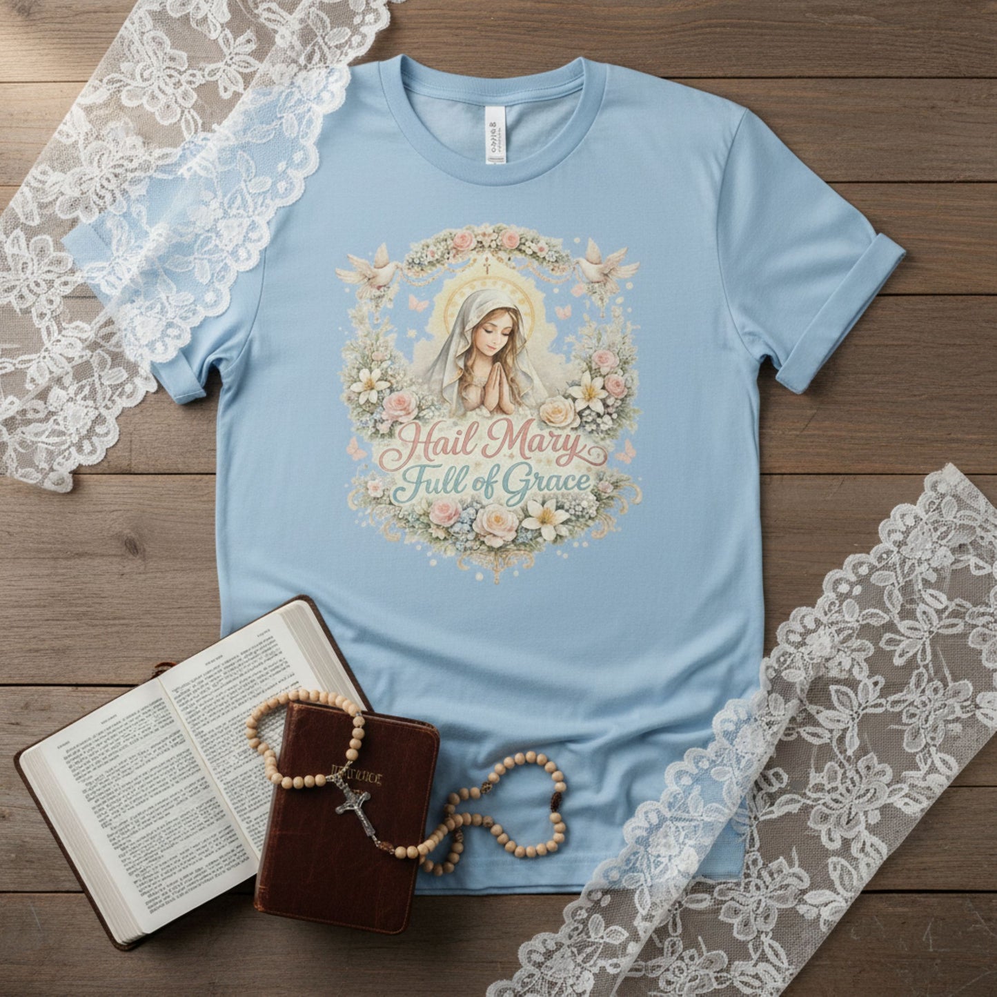 Floral Hail Mary Full of Grace Catholic T-Shirt, Blessed Virgin Mary Devotional Tee