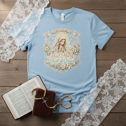 Floral Hail Mary Full of Grace Catholic T-Shirt, Blessed Virgin Mary Devotional Tee