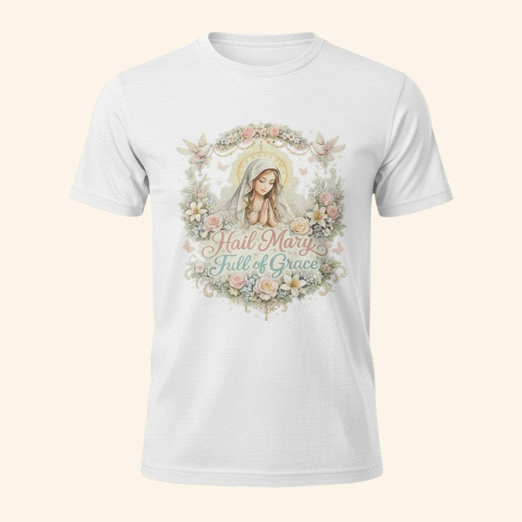 Floral Hail Mary Full of Grace Catholic T-Shirt, Blessed Virgin Mary Devotional Tee
