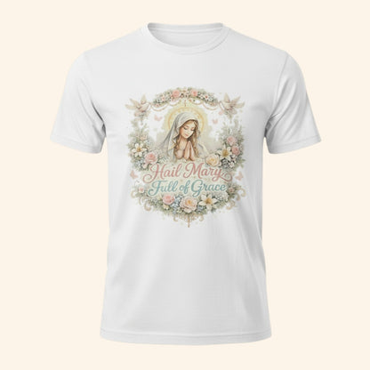 Floral Hail Mary Full of Grace Catholic T-Shirt, Blessed Virgin Mary Devotional Tee