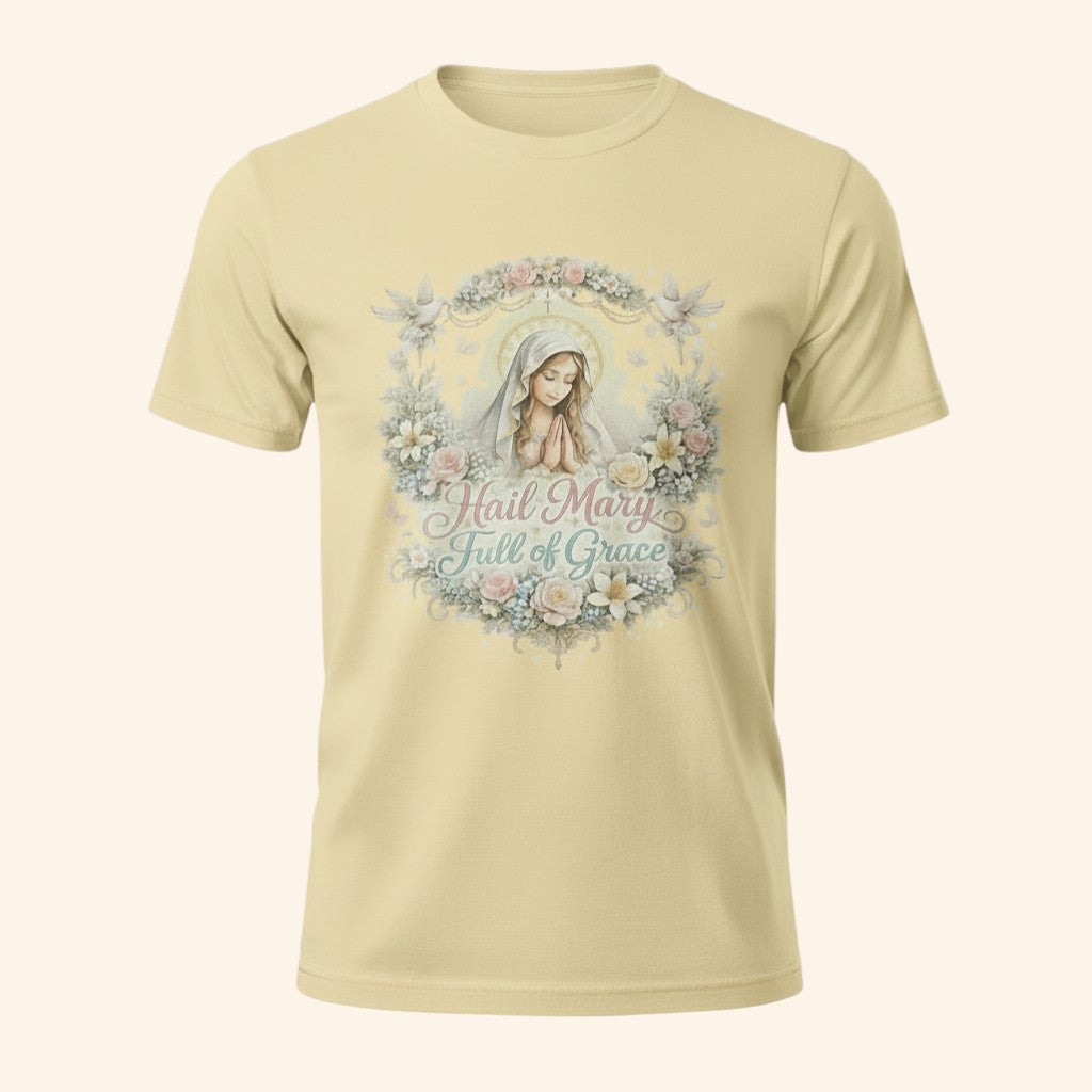 Floral Hail Mary Full of Grace Catholic T-Shirt, Blessed Virgin Mary Devotional Tee