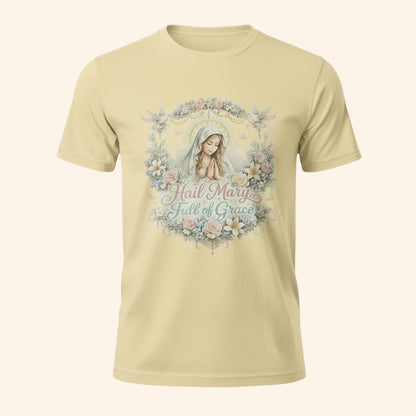 Floral Hail Mary Full of Grace Catholic T-Shirt, Blessed Virgin Mary Devotional Tee
