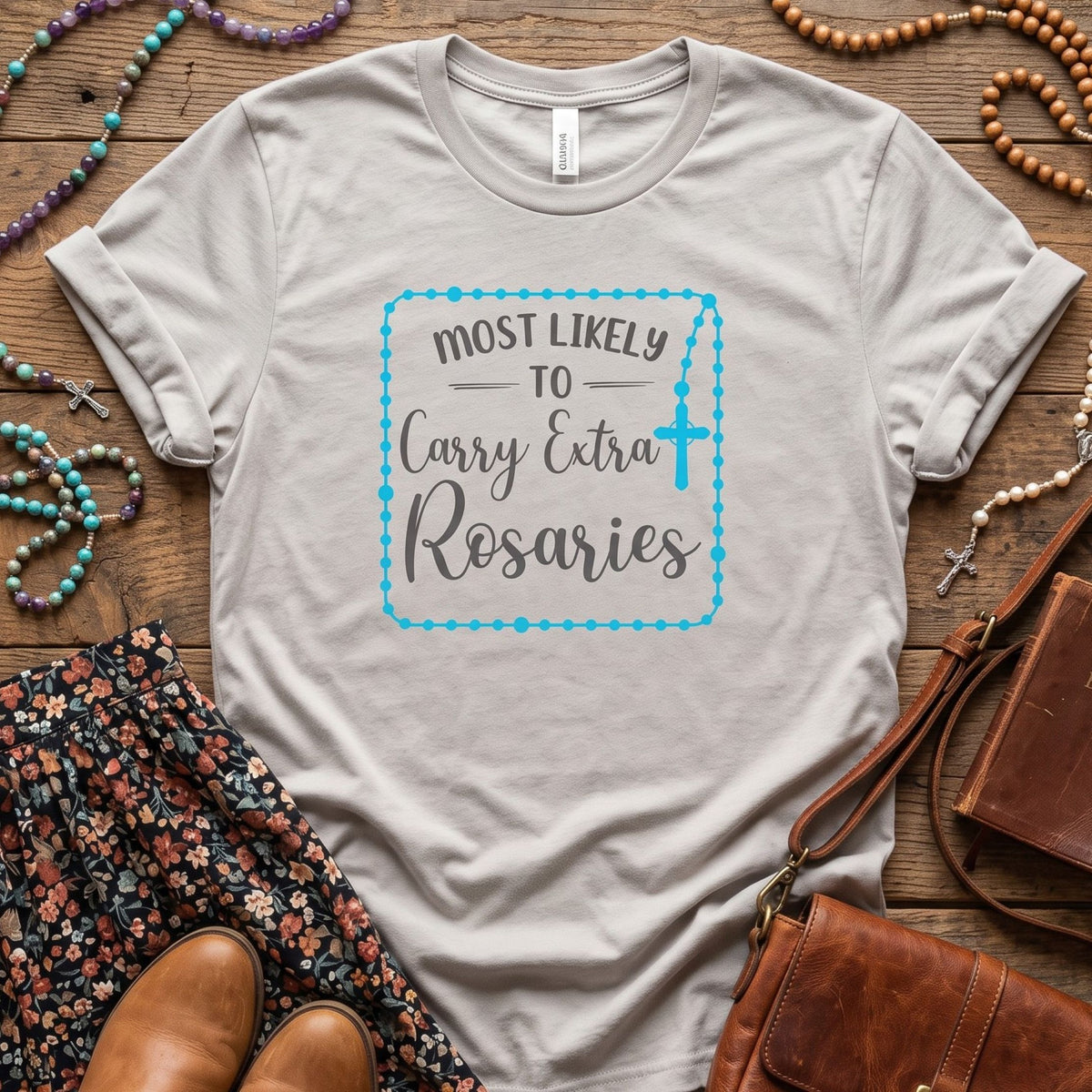 Catholic Humor Tee, Most Likely To Carry Extra Rosaries, Unisex Faith Shirt