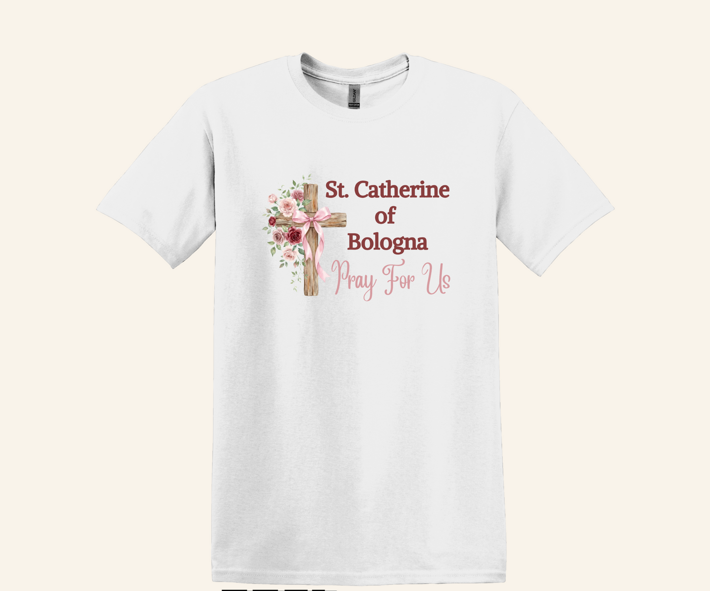 St. Catherine of Bologna Floral Cross T-Shirt, Pray For Us Catholic Tee