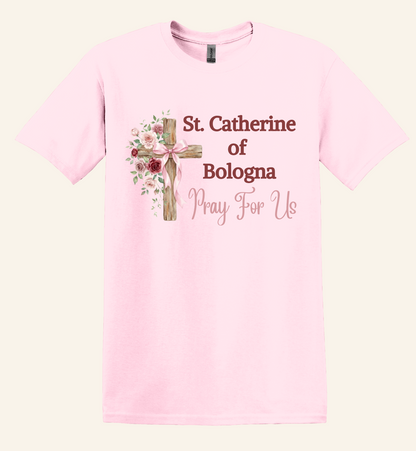 St. Catherine of Bologna Floral Cross T-Shirt, Pray For Us Catholic Tee