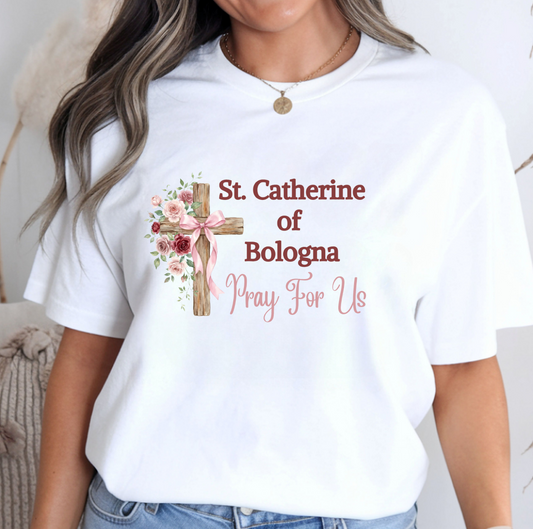 St. Catherine of Bologna Floral Cross T-Shirt, Pray For Us Catholic Tee