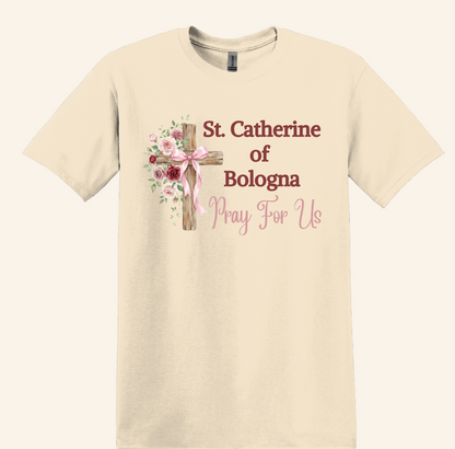 St. Catherine of Bologna Floral Cross T-Shirt, Pray For Us Catholic Tee